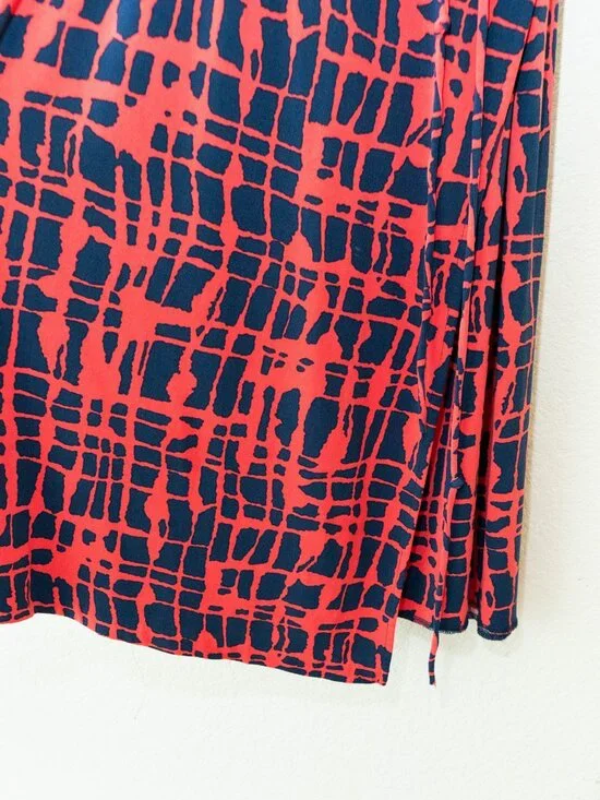 Michael Kors Wrap Dress M Red Blue Abstract Print Knee Length Tie Waist Stretch - Picture 6 of 11